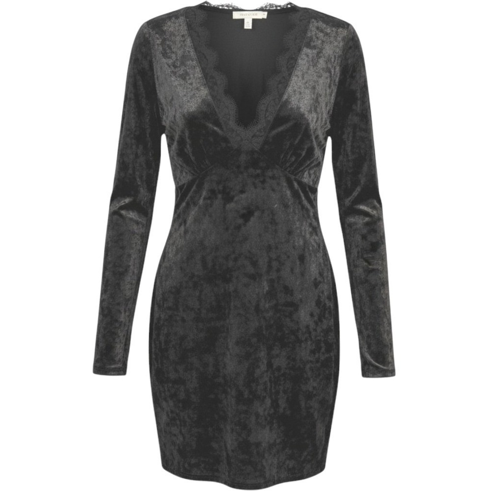 Heart Hips Black Crushed Velvet Lace Trim V Neck Bodycon Mini Dress Size M Goth